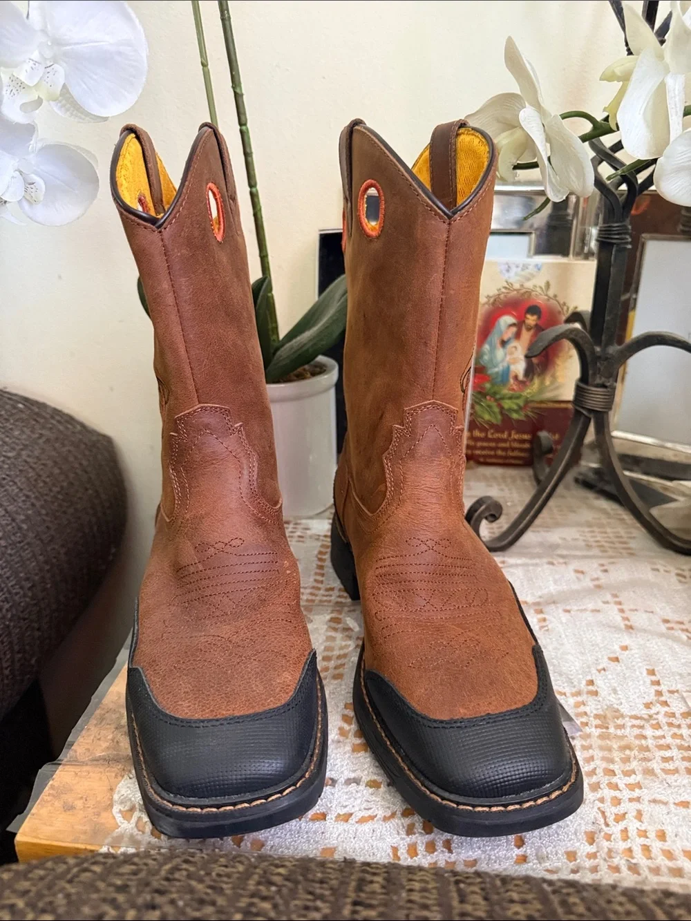 Cody James Brown Leather Western Work Boots with Orange Accents sz6 D